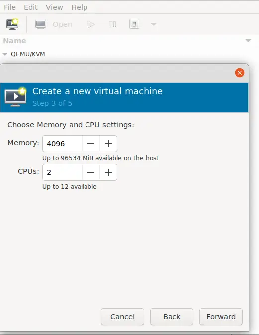 Choose Memory and CPU settings window