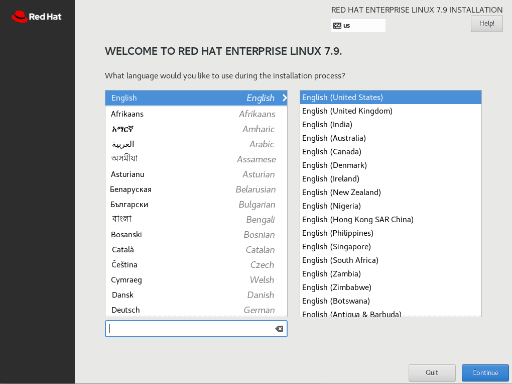 Redhat Language Selection Screen