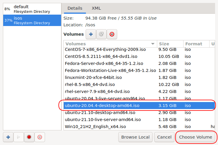 Selecting iso and volumes