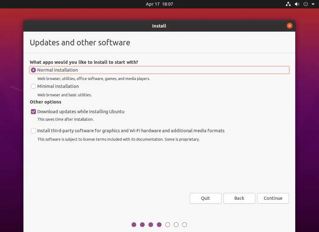 Selecting an installation - normal