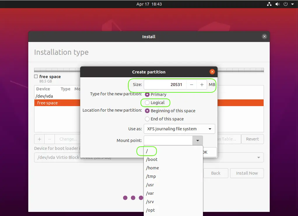 Create the root partition - Continued 4