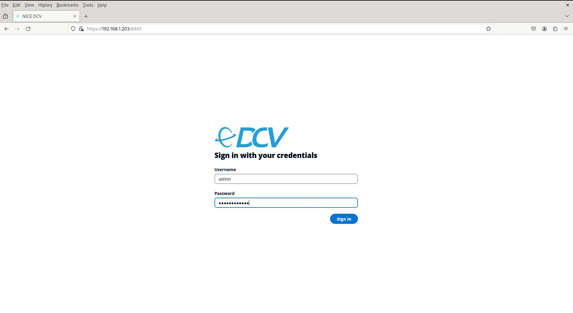 NICE DCV Login Page