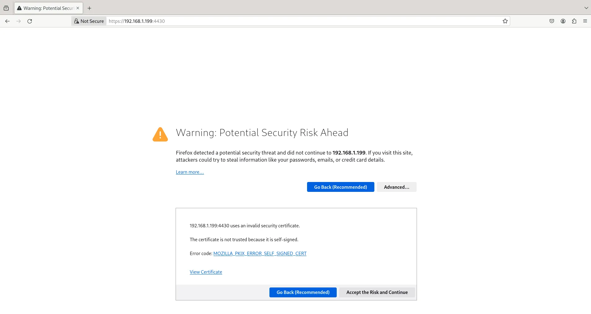 Self-Signed Certificate Warning Page
