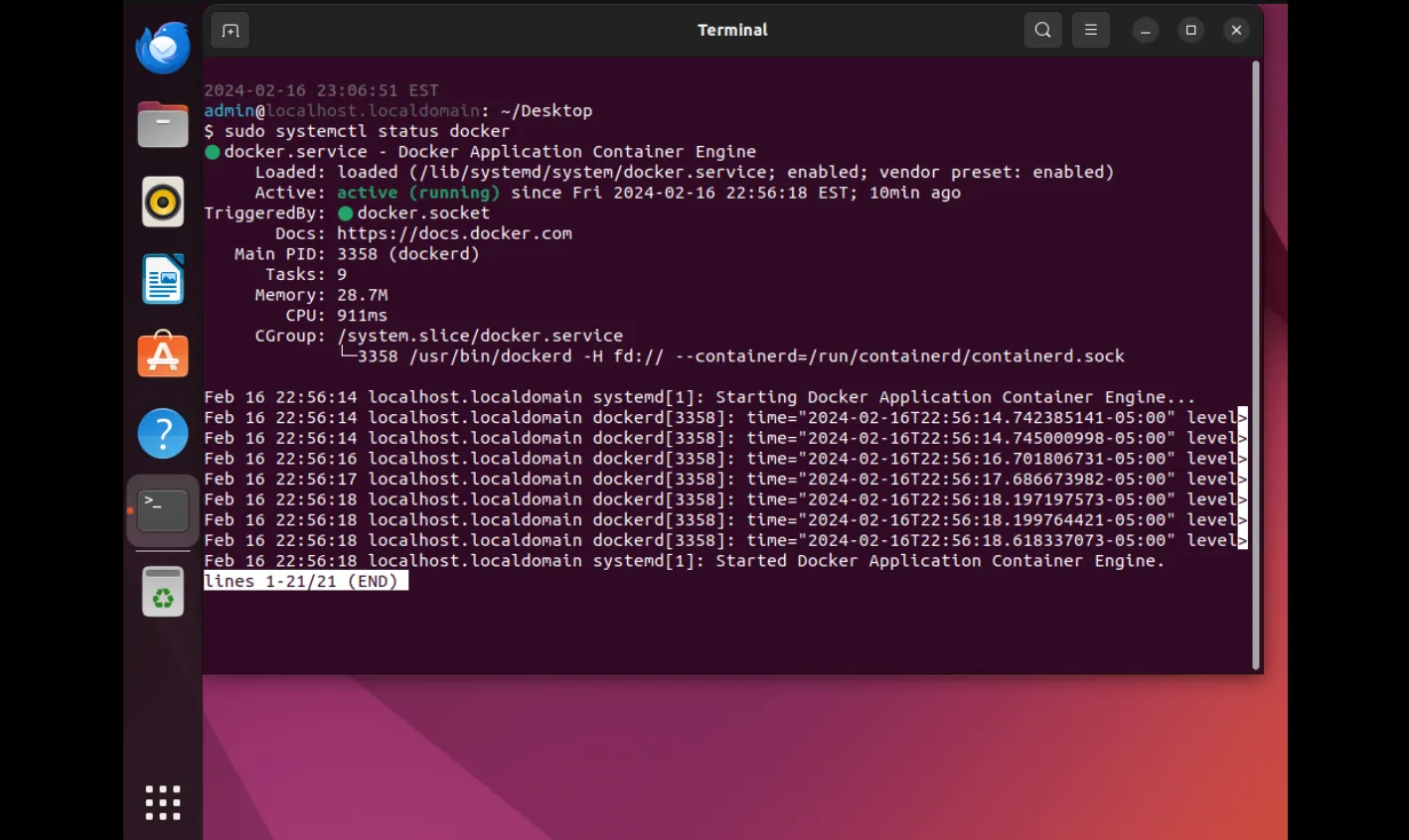 Install Docker on Ubuntu 22.04: Post Image: Systemctl Docker Status Check