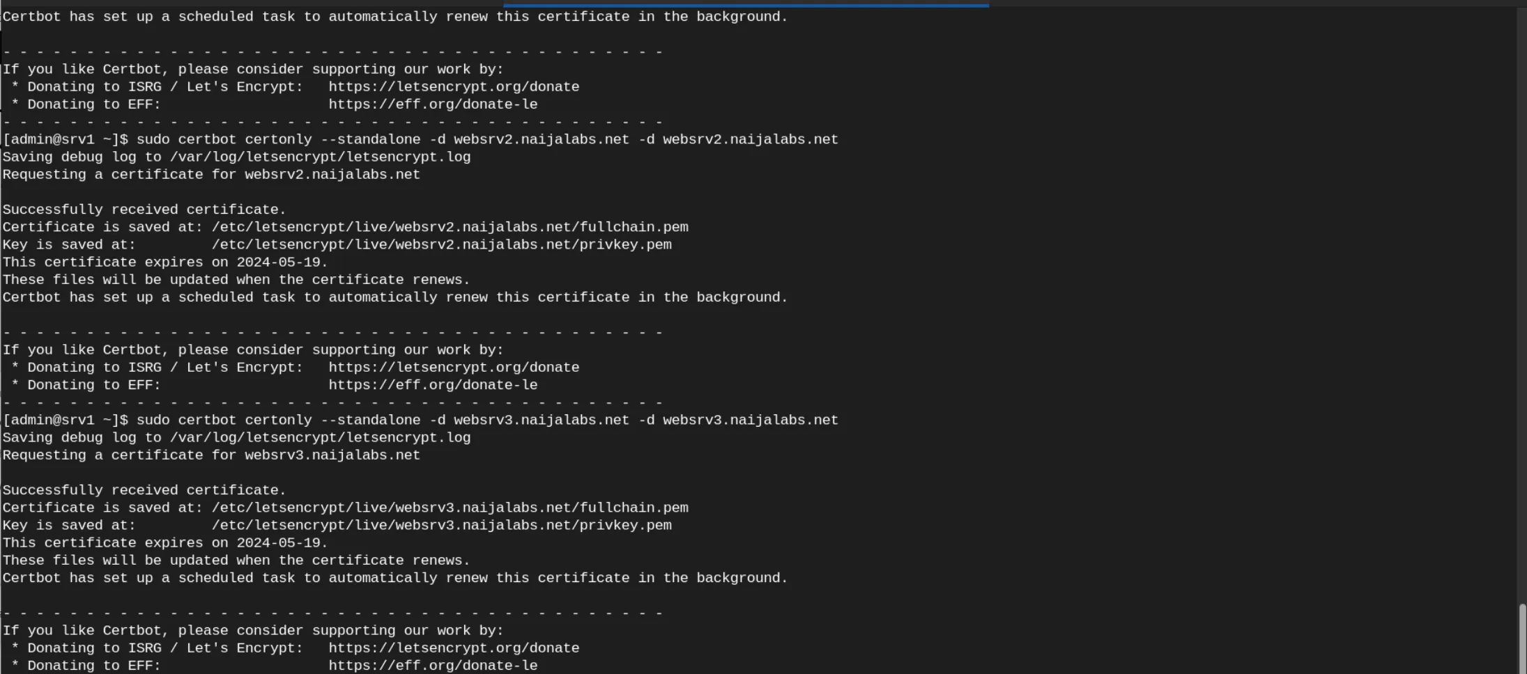 Terminal output from generating Letsencrypt Certificates.