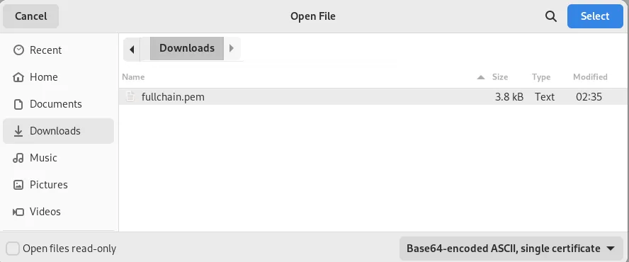 Select fullchain.pem file