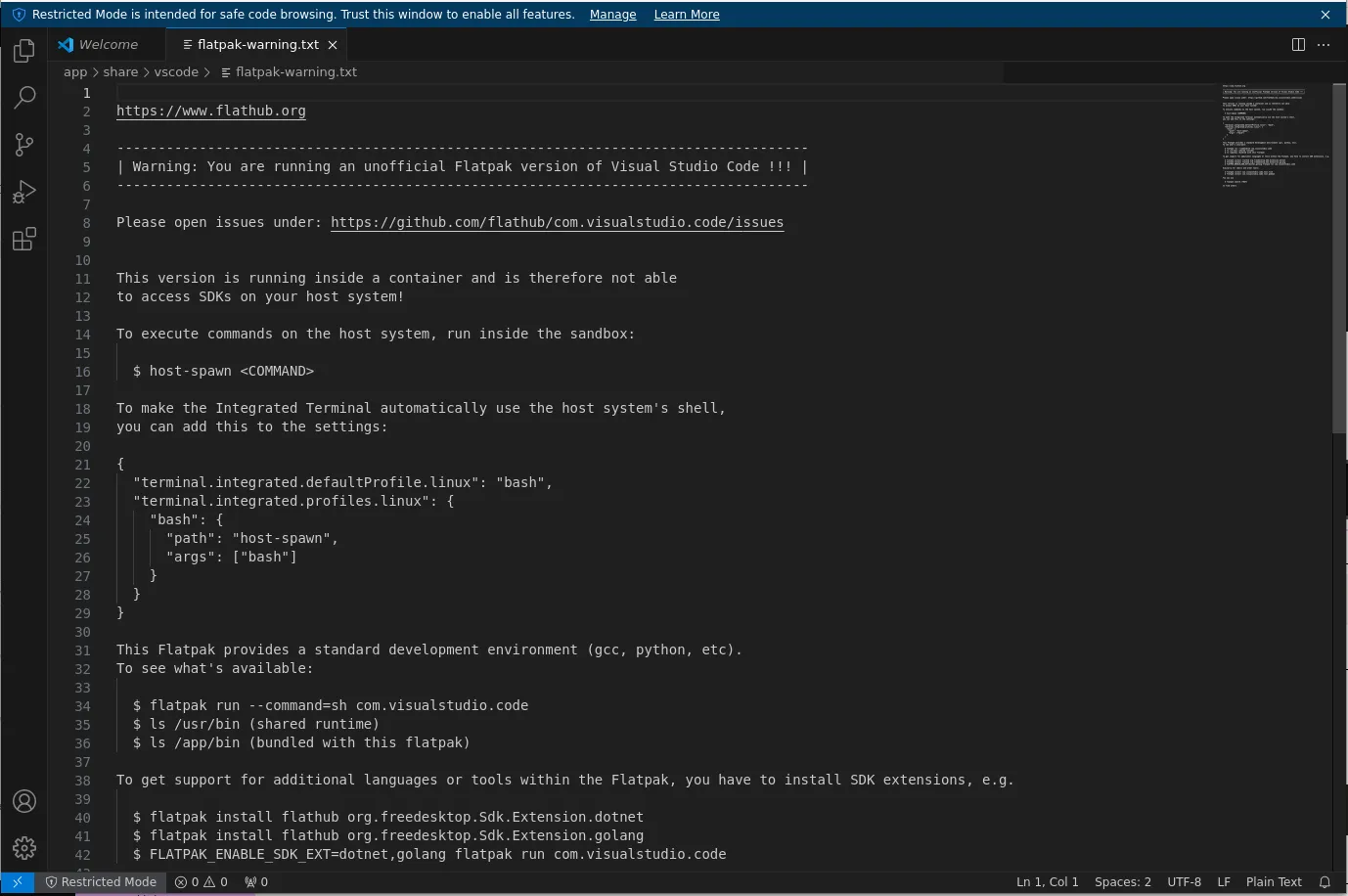 VSCode Flatpak Warning Screen