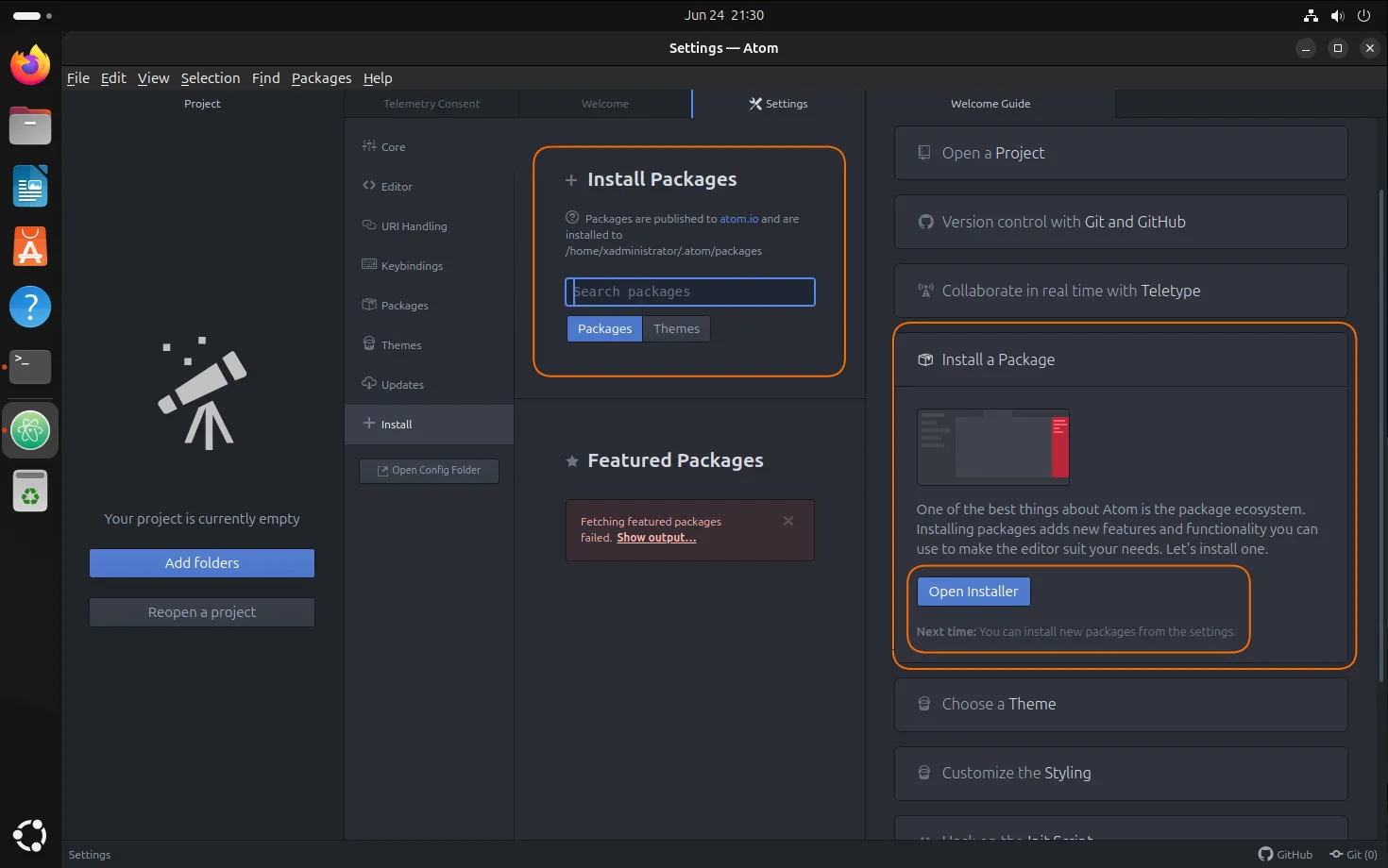 Atom Welcome Screen: Package Installer