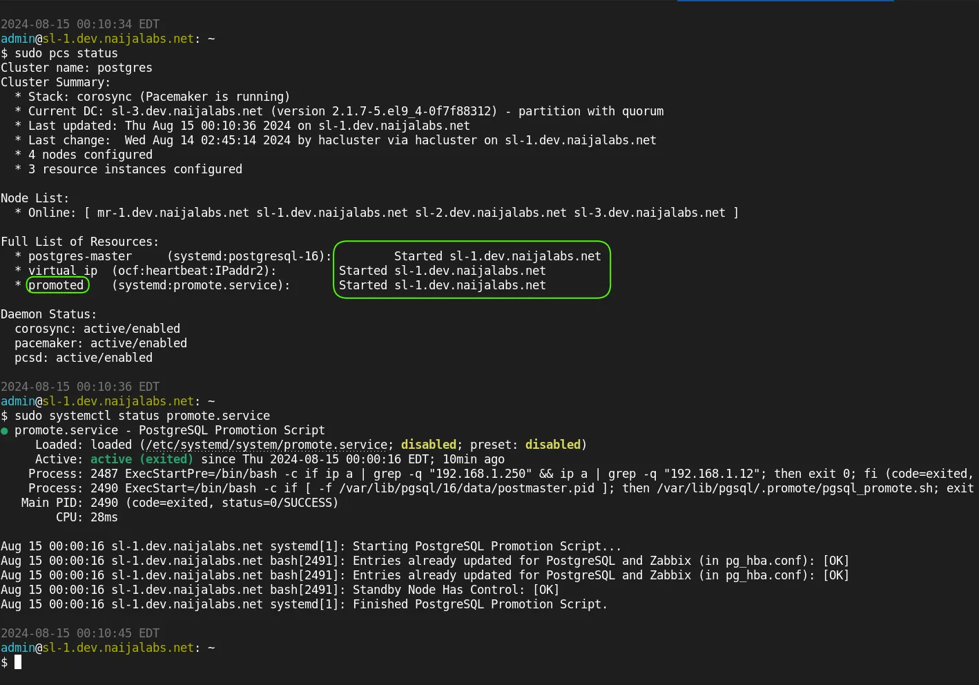 sudo pcs status post failover