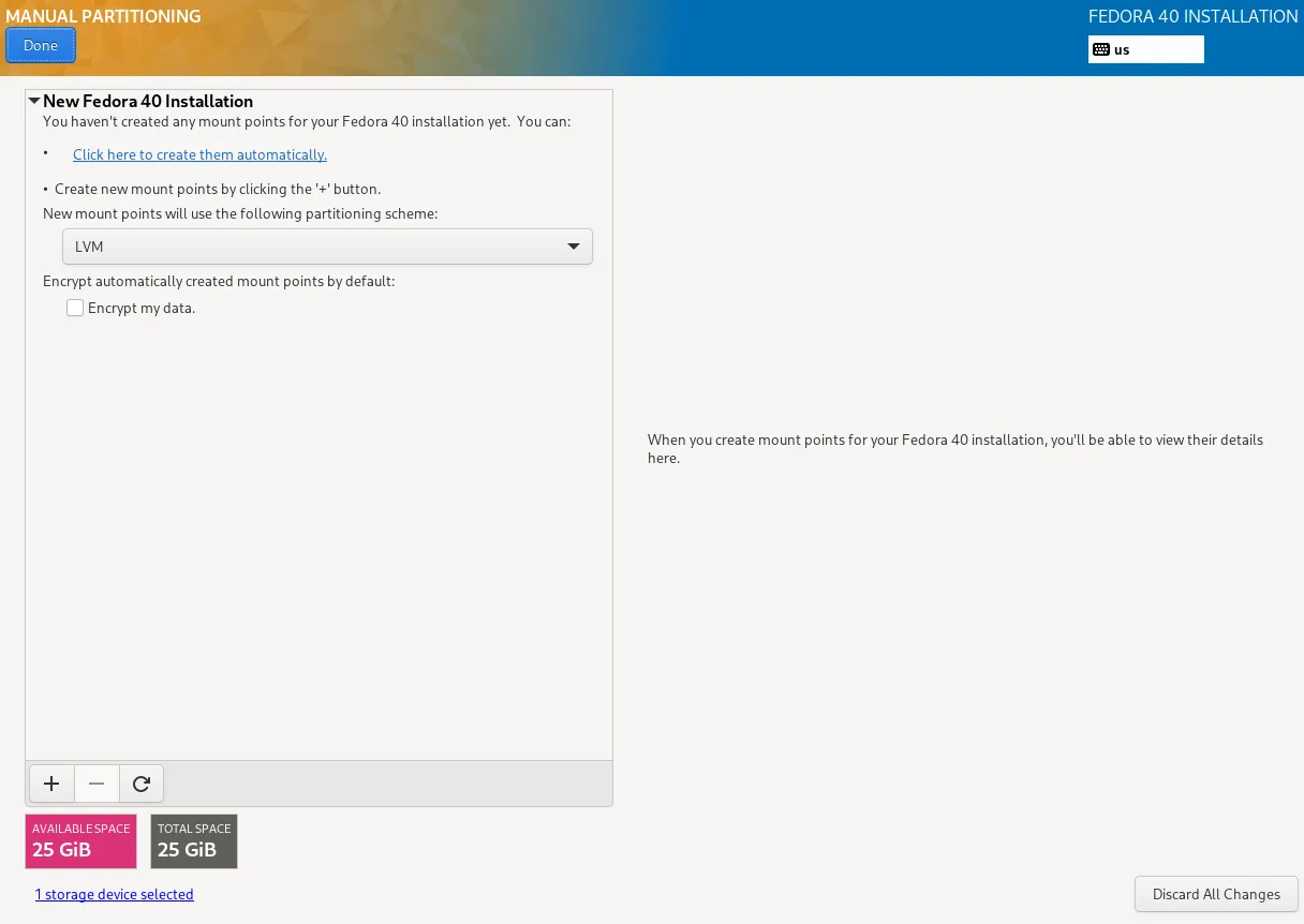 Fedora 40 Installer: Manual Partitioning Page
