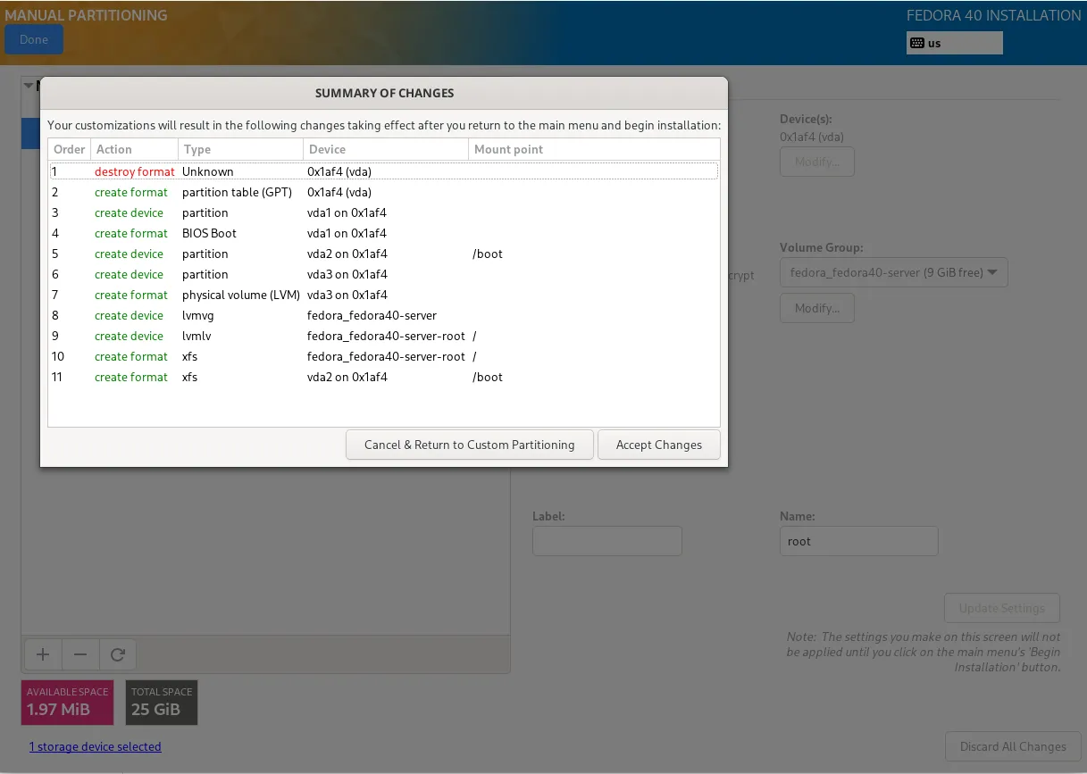 Fedora 40 Installer: Manual Partitioning Page - 2