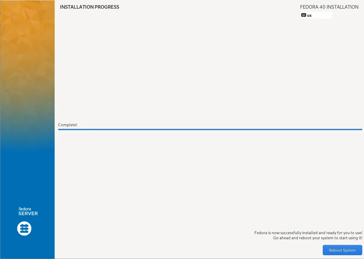 Fedora 40 Installer: Installation Progress Page - Reboot
