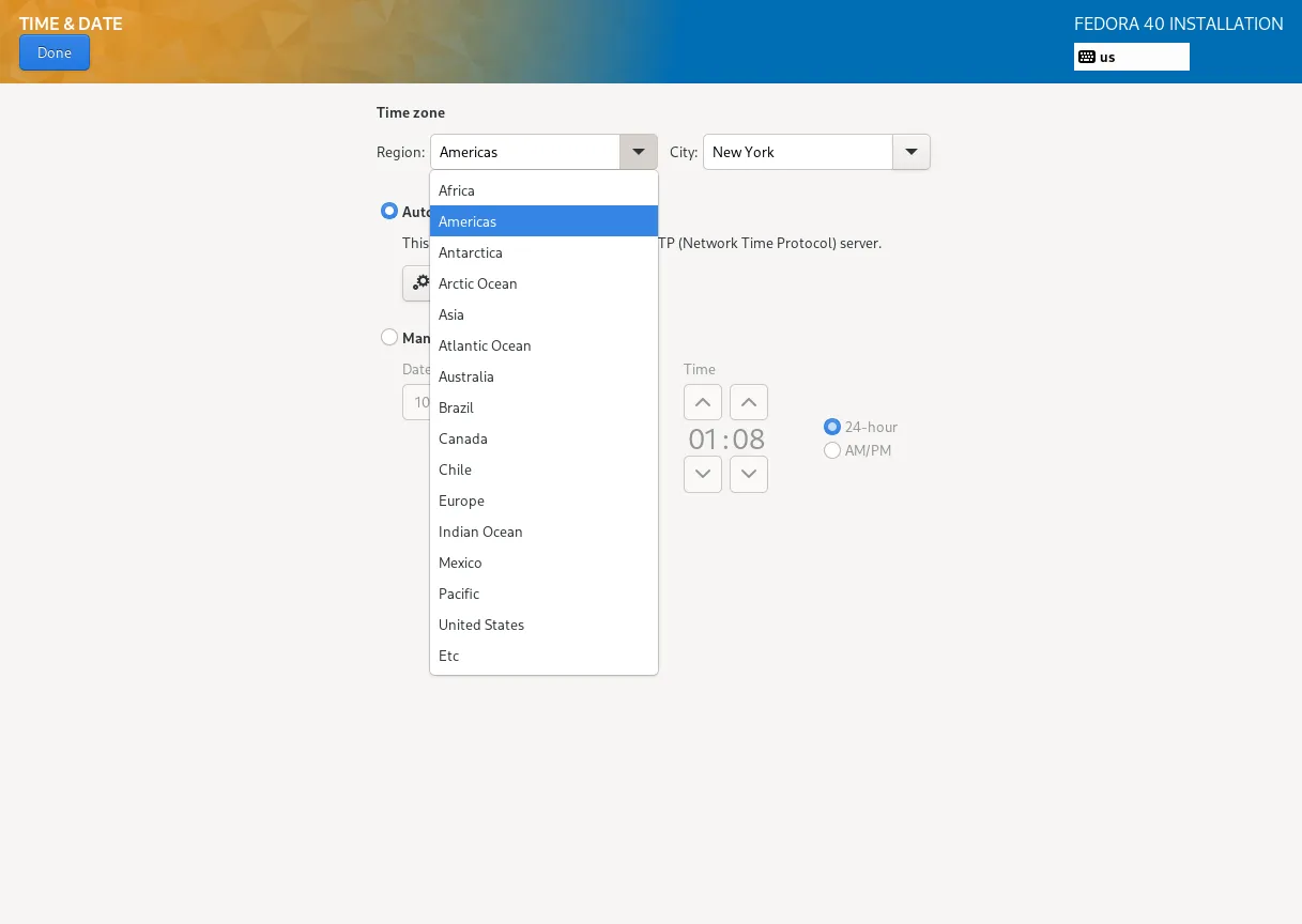 Fedora 40 Installer: Time and Date Page