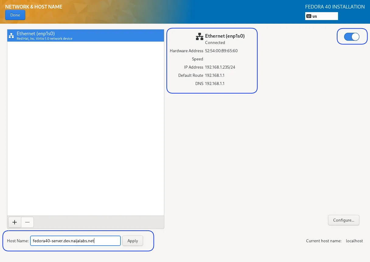 Fedora 40 Installer: Network and Hostname Configuration Page