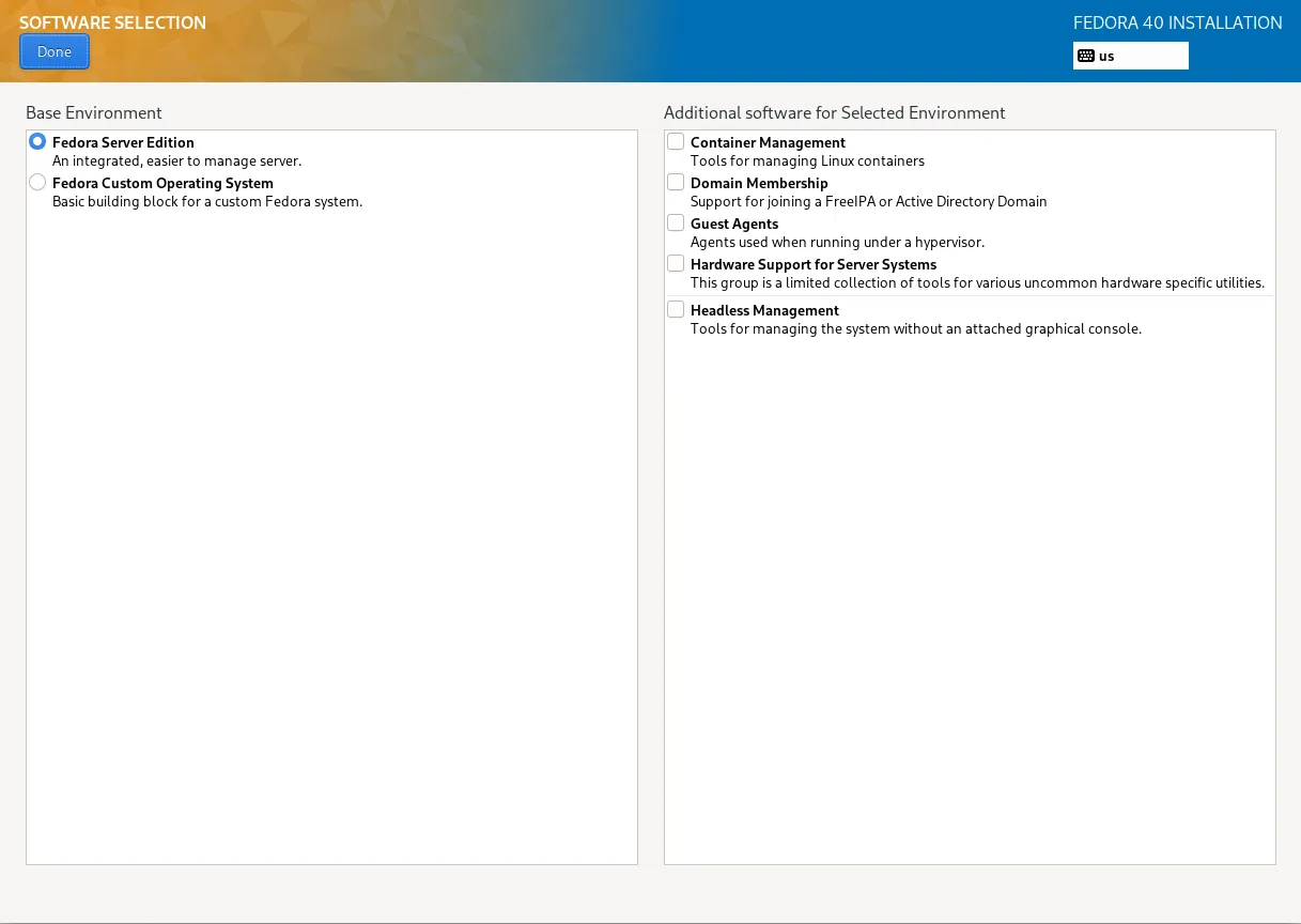Fedora 40 Installer: Software Selection Page