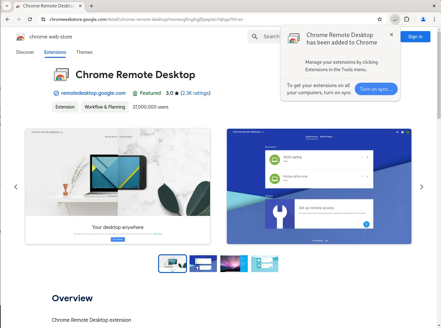 Google Chrome Remote Desktop Extension Installed