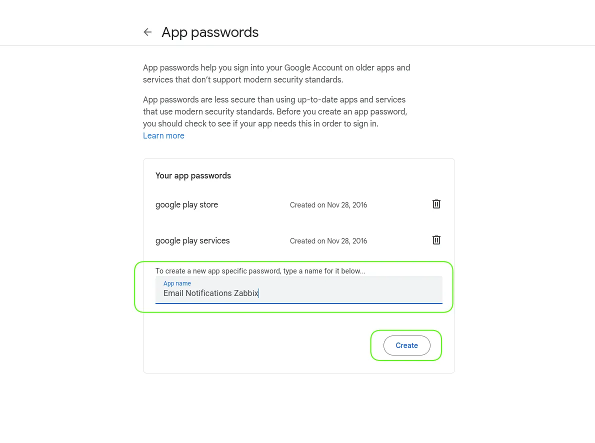 Label and Create App Password for Zabbix