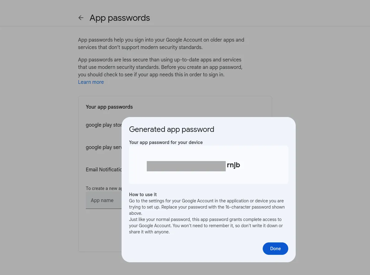 16-character app password displayed