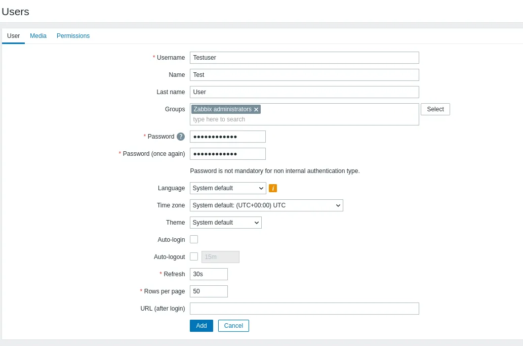 Zabbix: Create Users Page