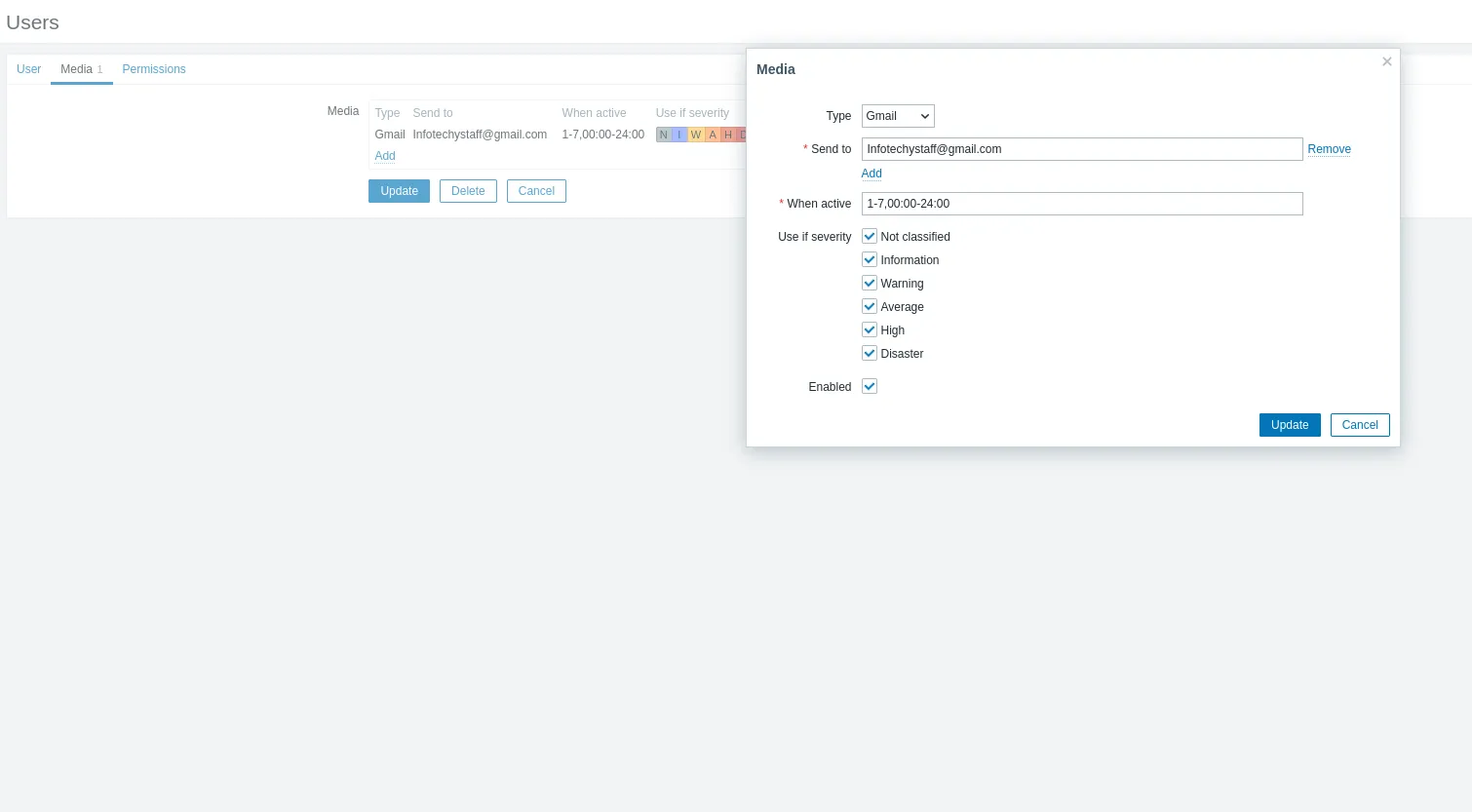 Zabbix Users Page: Media Section