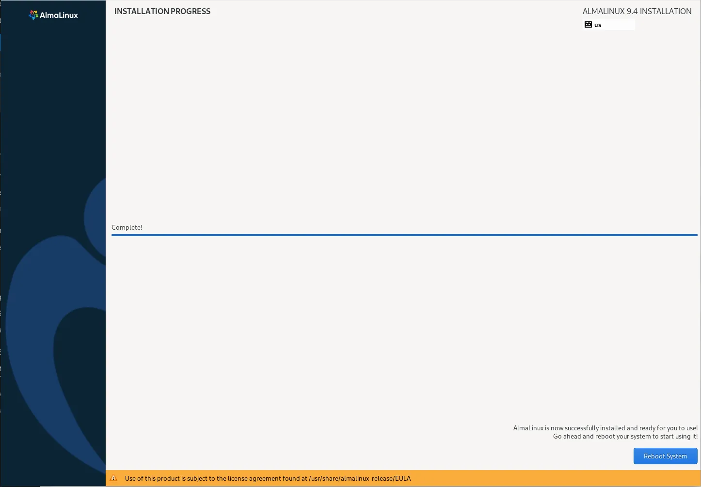 Post Installation Reboot: AlmaLinux9 Installation