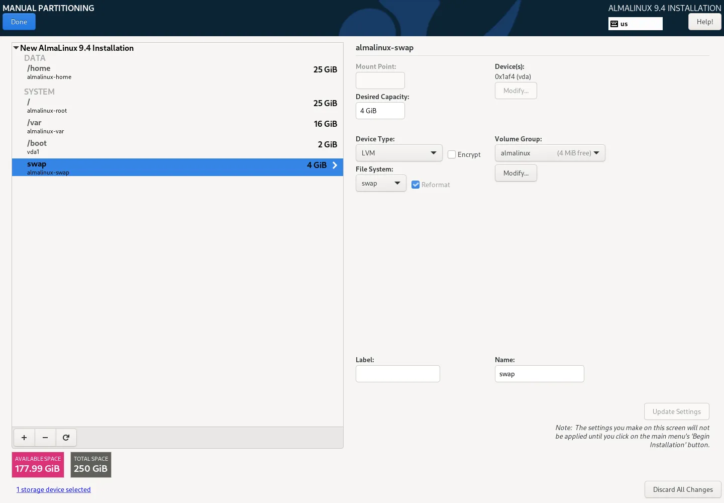 Installation Destination Page: Using the Custom Installation Option for Manual Partitioning