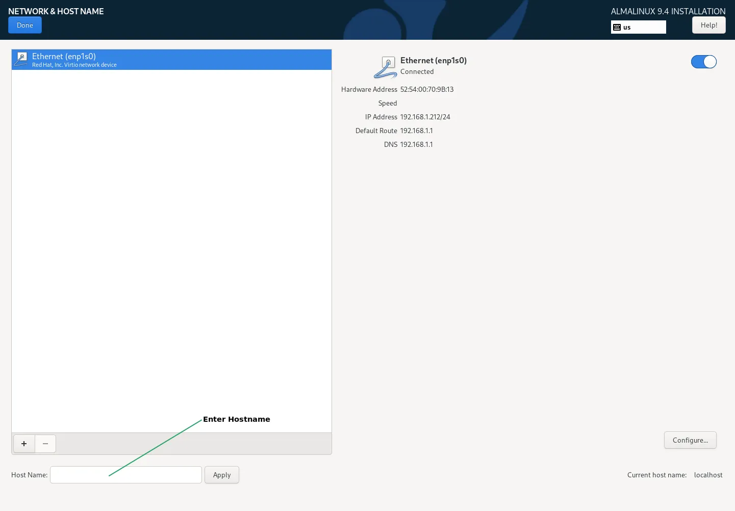 Network and Hostname Page: AlmaLinux9 Installation