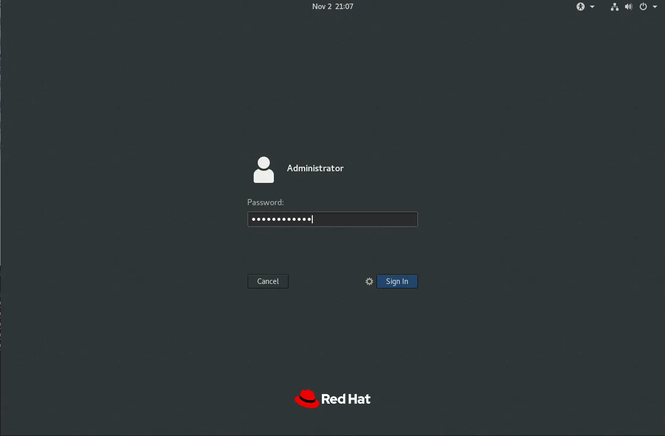 Initial Login Screen for RHEL8.10 Workstation Post-Install