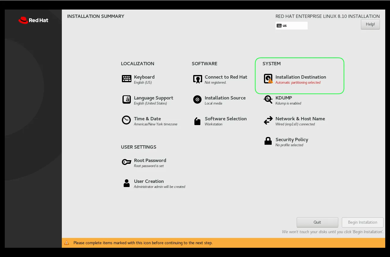 Select partitioning for RHEL8.10 Workstation