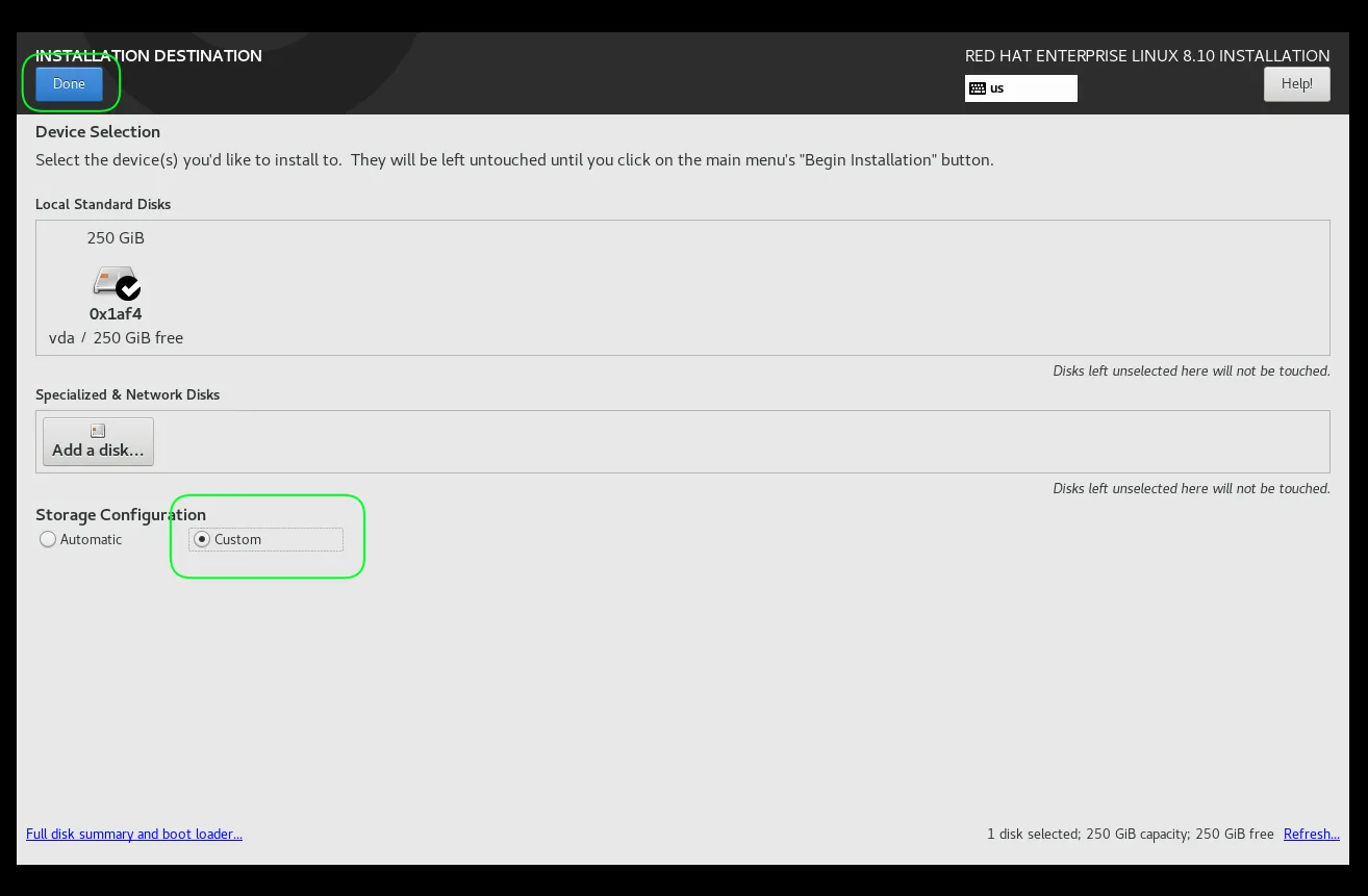 Select Custom Partitioning for RHEL8.10 Workstation Install