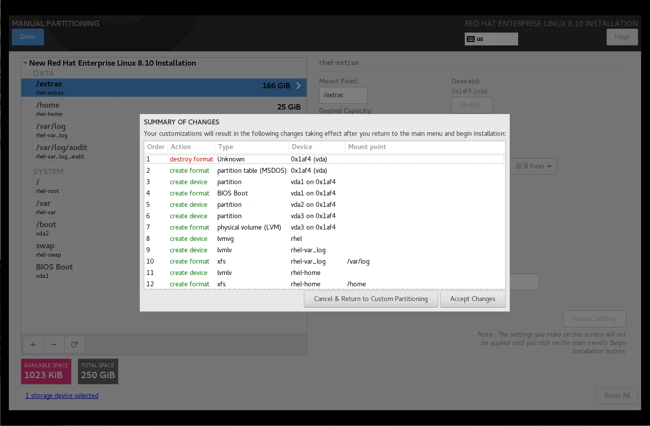 Configure Disk Partitioning for RHEL8.10 Workstation Install