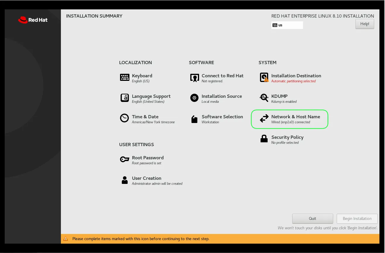 Configure Network Settings for RHEL8.10 Workstation Install