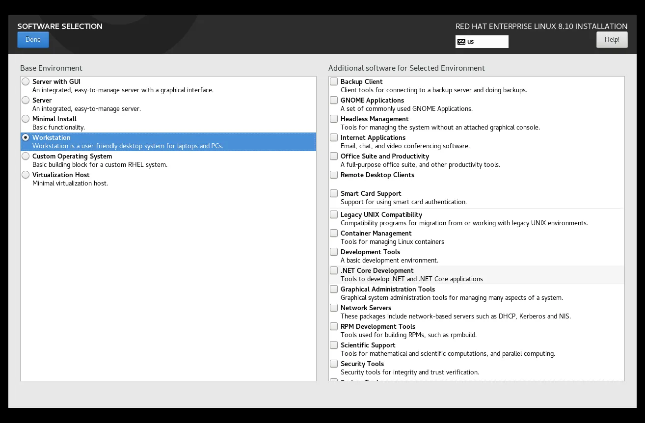 Software Selection for RHEL8.10 Workstation Install