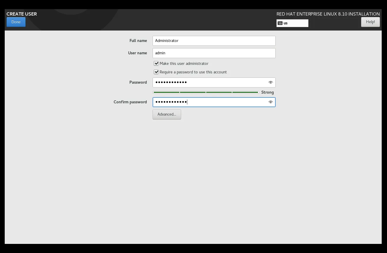 Set Administrative User account Password for RHEL8.10 Workstation Install