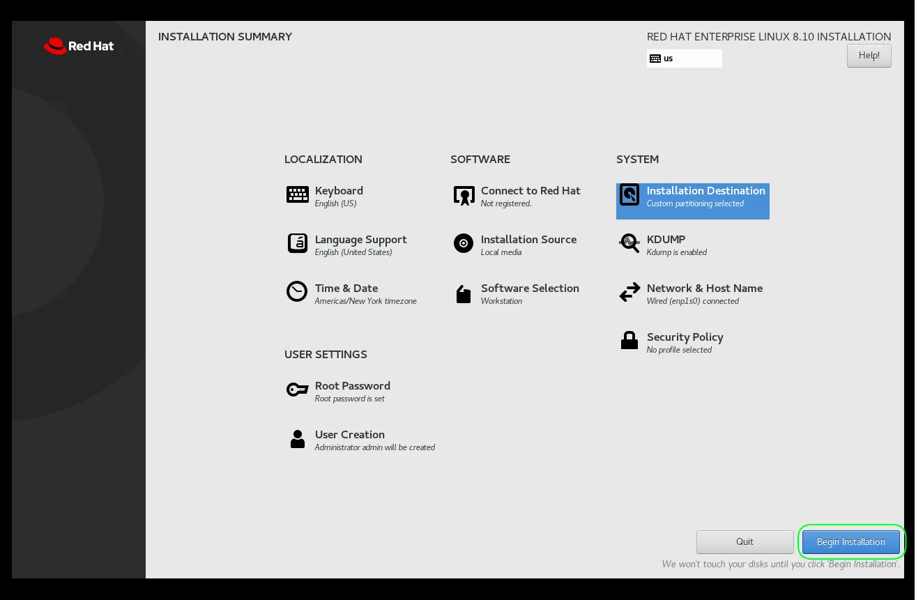 Initiating Installation process for RHEL8.10 Workstation