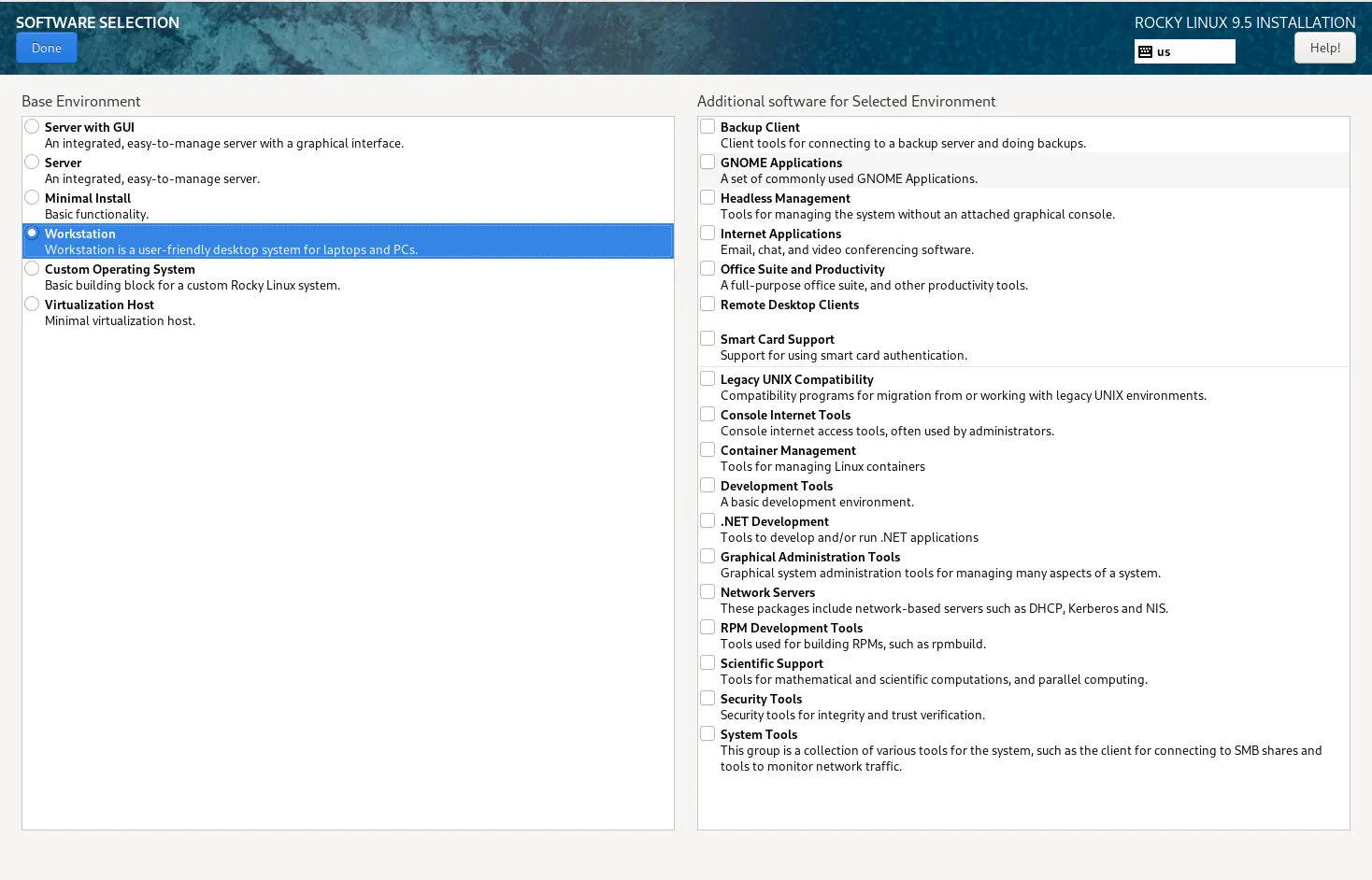 Software Selection in Rocky Linux 9.5 Installation