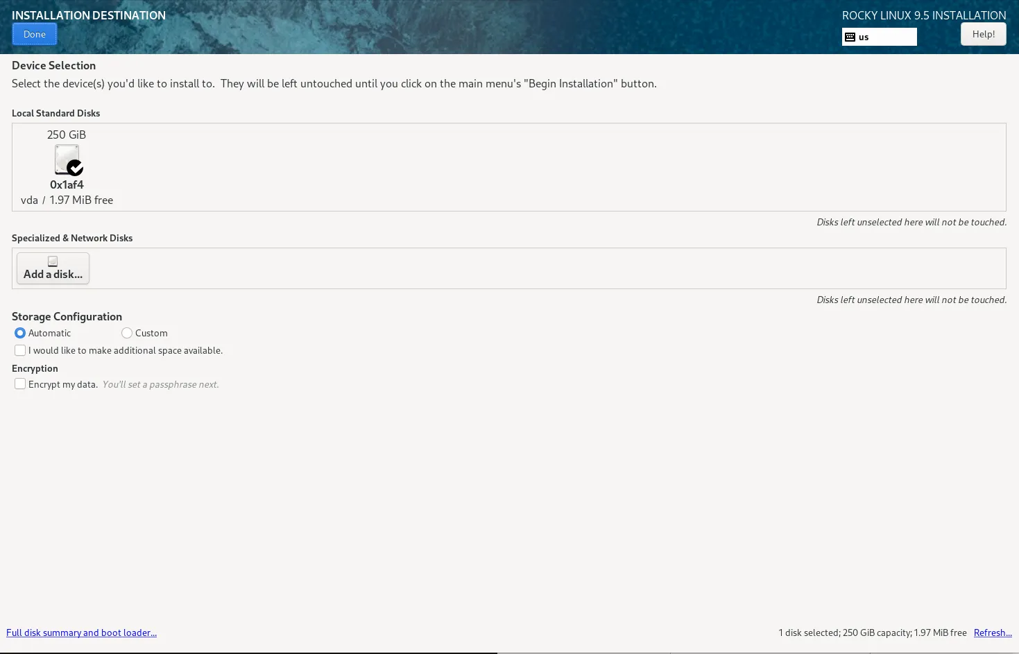 Configure Disk Partitioning in Rocky Linux Installation Window (Part 2 of 3)