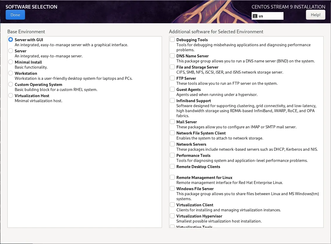 Default Settings: Base environment settings window: Choosing which Install to run